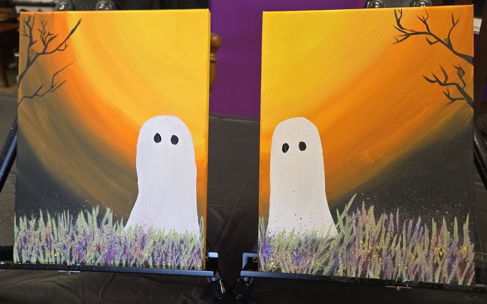 Two canvas paintings of little ghosts under the moon