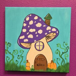 A canvas painting of a mushroom cottage.