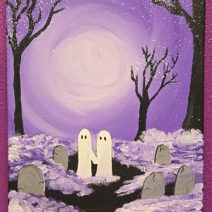 A canvas painting of two ghosts holding hands and walking in the woods.