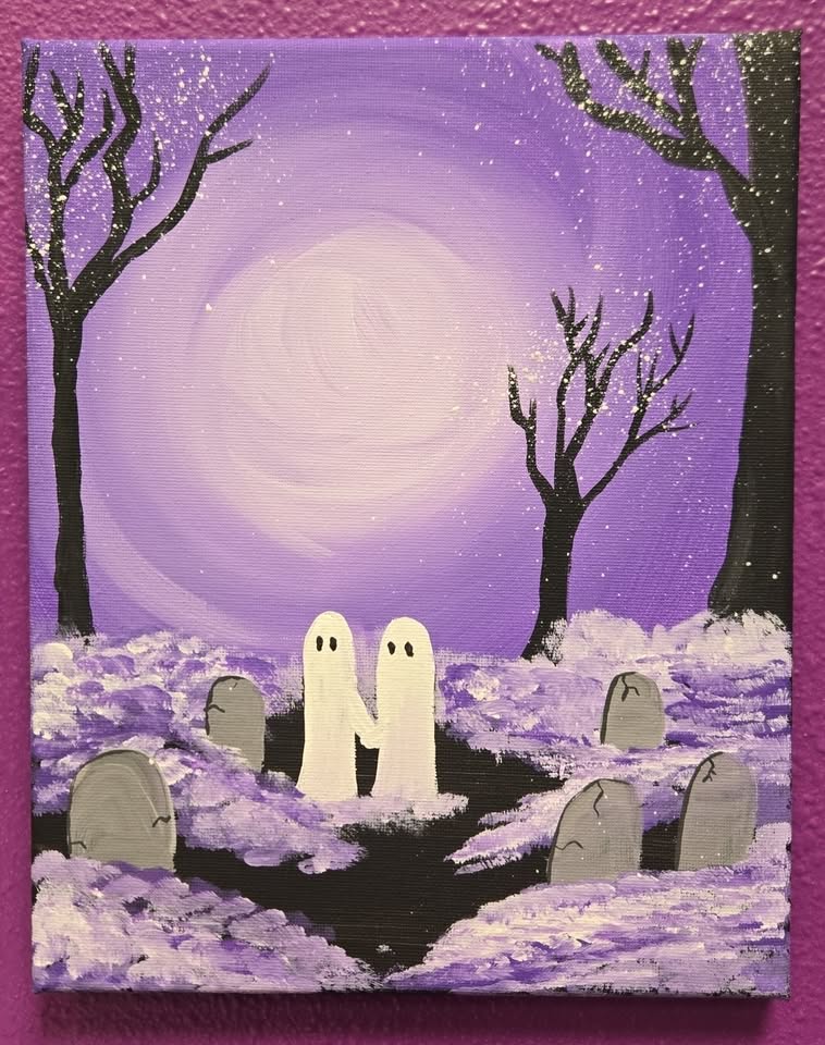 A canvas painting of two ghosts holding hands and walking in the woods.