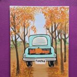 A canvas painting of the rear of a vintage truck with pumpkins in the back