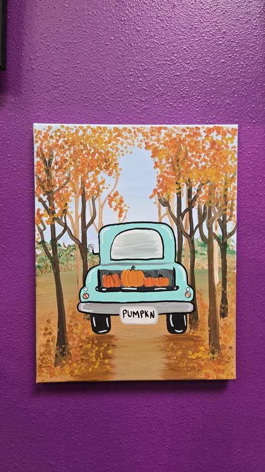 A canvas painting of the rear of a vintage truck with pumpkins in the back