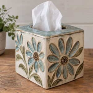 a ceramic tissue box with blue flowers