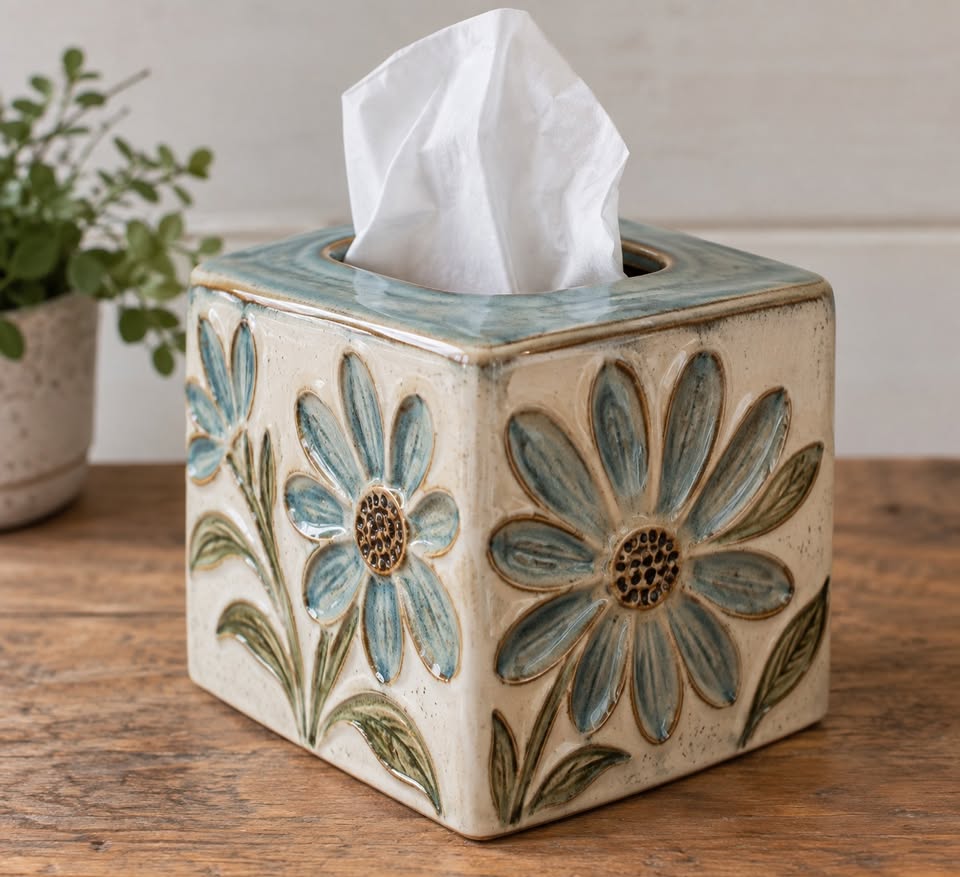 a ceramic tissue box with blue flowers